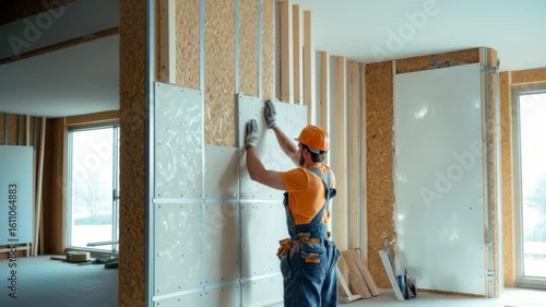 Construction worker installing drywall in a new building