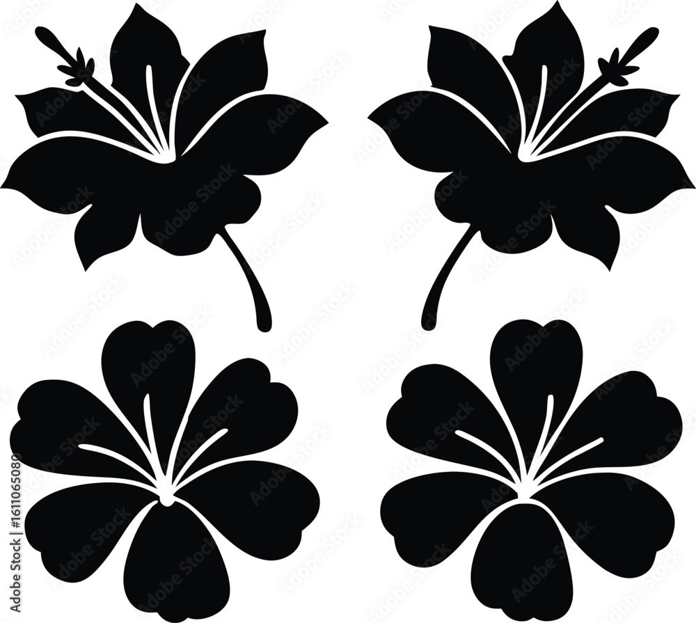 Obraz premium Hibiscus Nocturne icon vector, Hibiscus flowers set line art silhouette vector design
