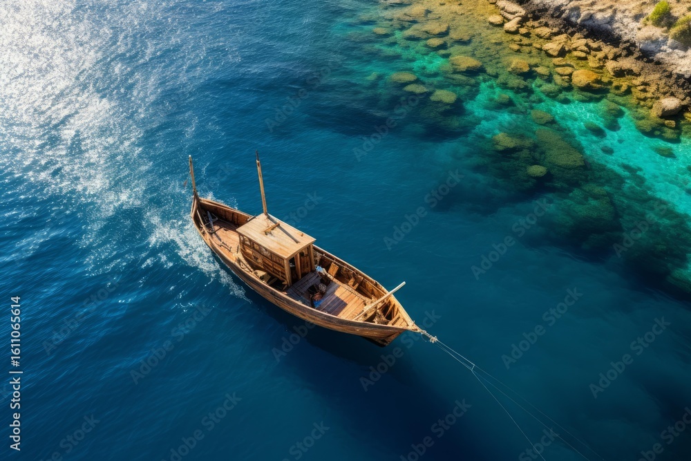 Fototapeta premium Traditional wooden fishing boat sailing on a beautiful turquoise sea near a rocky coast