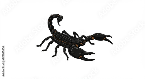 "Black scorpion vector illustration, sharp legs and tail raised"

