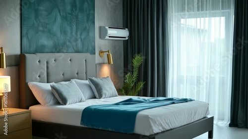 Modern hotel room with turquoise wall and air conditioning