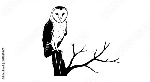 "Black silhouette of owl sitting on a tree branch, minimal vector style"

