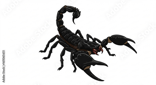 "Black scorpion vector illustration, sharp legs and tail raised"

