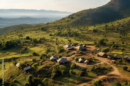 Golden sunlight illuminates a picturesque ethiopian village nestled amidst rolling hills, showcasing the beauty of rural life in africa