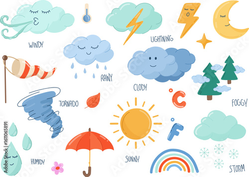 Weather icon set. Sun, clouds, rain, wind, lightning, umbrella. For preschool materials, forecast guides, classroom decor and weather themed worksheets