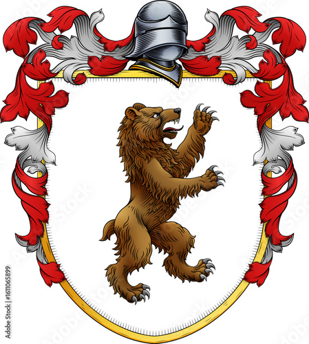 A bear coat of arms or crest family heraldry medieval heraldic animal knight shield. With helmet and acanthus filigree scroll ornament in a vintage woodcut style.