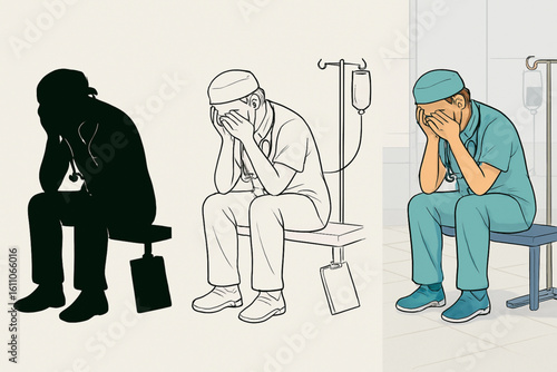 Emotional burnout in healthcare workers illustrated through a fatigued nurse or doctor in silhouette, line art, and full-color styles. Ideal for medical awareness, mental health, and workplace stress 