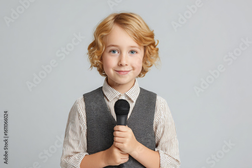 Child reporter holds microphone and looks happy with his important job