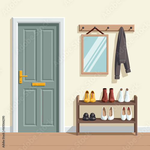Entrance hallway with door, mirror, coat rack, and shoe shelf  