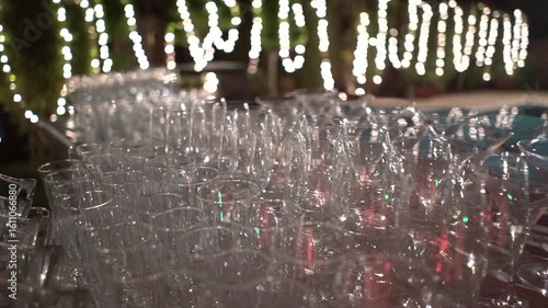 Elegant Wedding Bar Counter with Glasses and Bokeh Lights, Stable Shot