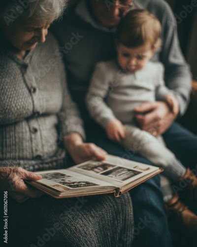 Family looks happy, reminiscing over old photographs in vintage album