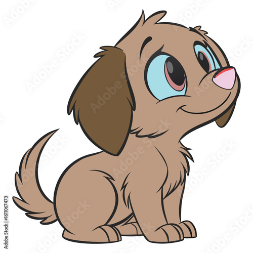 Cute cartoon-style puppy in full-color vector art, sitting happily with a pink tongue out and big expressive eyes, brown fur with darker ears, black tail, and wearing a red collar with a star-shaped 