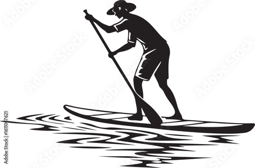 Silhouette of a person paddleboarding on calm water summer outdoor activity recreation