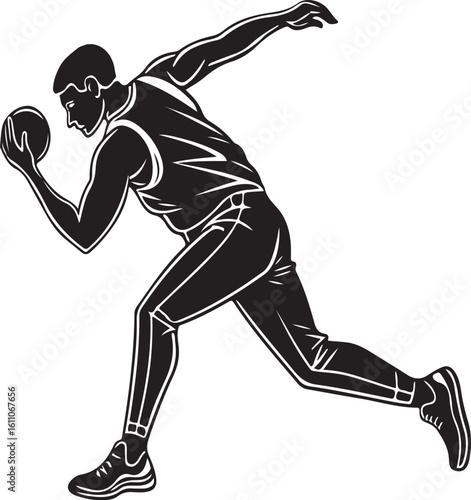 Athletic figure of a basketball player executing a dribble skill in a black and white vector illustration