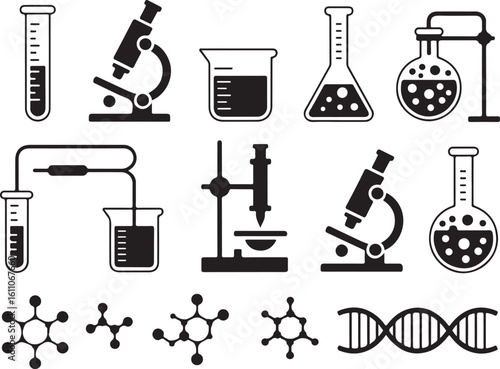 Black and White Scientific Tools and Concepts Icon Set Featuring Twelve Illustrations of Laboratory Equipment, Molecular Structures, and DNA Helix