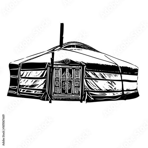 Vector Detailed of a traditional yurt dwelling with ornate door.