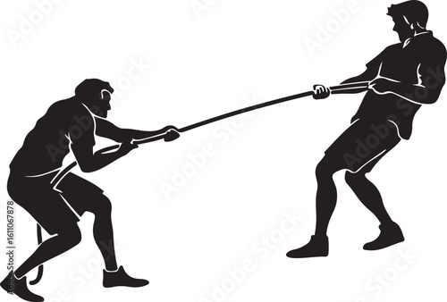 Silhouette illustration of two men playing tug of war representing teamwork and competition
