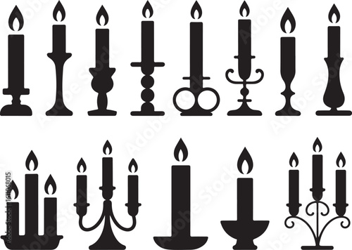 Black Silhouette Candle and Candle Holder Collection Featuring Twelve Illustrations of Single Candles, Candelabras, and Clustered Arrangements with Flames