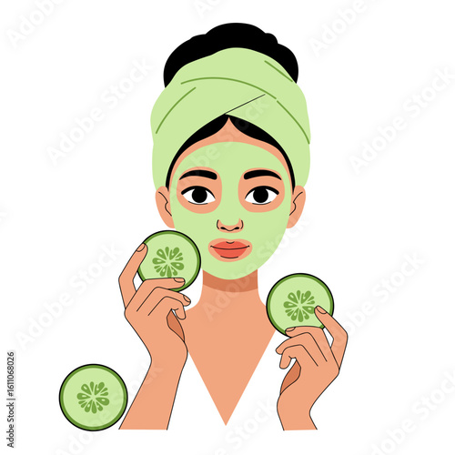 A young woman applies a green face mask with cucumber slices at home