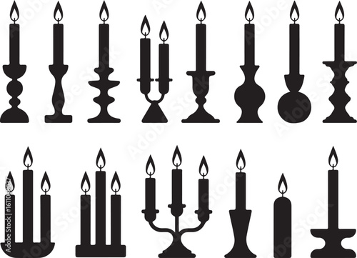 Black Silhouette Candle and Candle Holder Collection Featuring Twelve Illustrations of Single Candles, Candelabras, and Clustered Arrangements with Flames