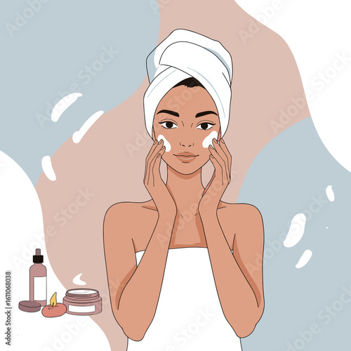 Young woman applying cream to her face in modern skincare routine  