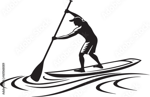 Silhouette of a person stand up paddleboarding on water enjoying an outdoor activity