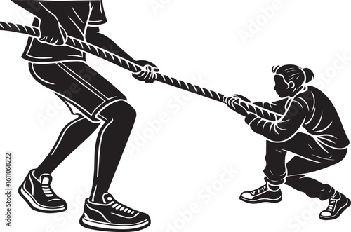 Black and white illustration of two people engaged in a competitive tug of war game