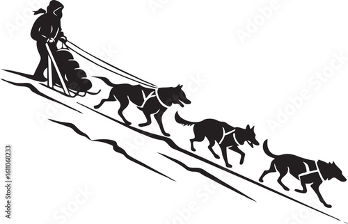 Black silhouette of dog sled team pulling sled through snow on white background