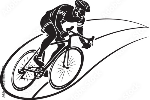 Cyclist in motion monochrome illustration of a bicycle rider racing on the road