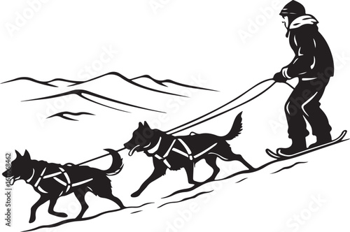 Silhouette of a dog sled team driving through snow on a winter adventure expedition