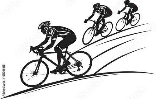 Silhouetted cyclists climbing uphill depicting energy power and the thrill of competition