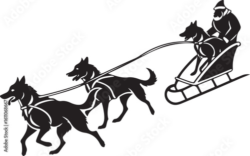 Silhouette illustration depicting santa claus riding a sleigh pulled by a team of dogs