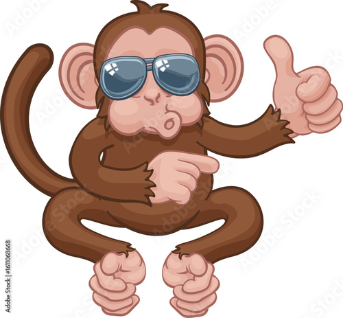 A monkey cool cute happy cartoon character animal wearing sunglasses pointing and giving a thumbs up