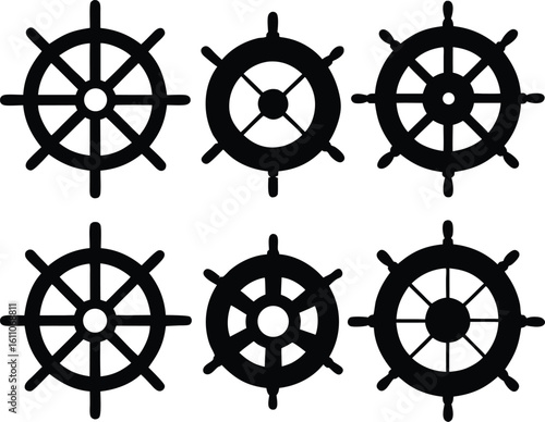 Set of Nautical Steering Wheel Silhouettes – Vintage & Modern Ship Wheel Vector Collection