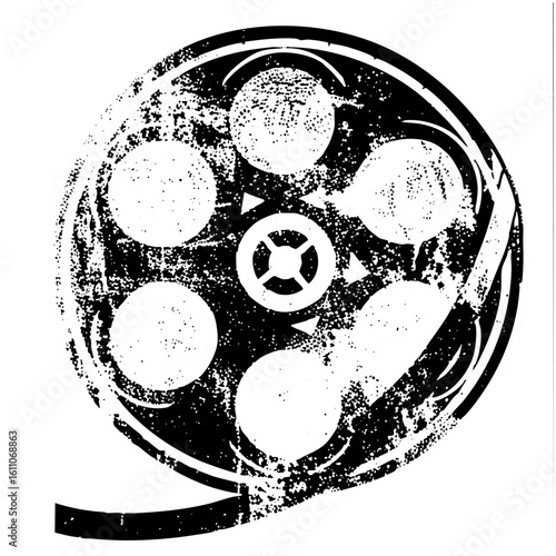 Vector Distressed film reel with central hub and sprocket holes.