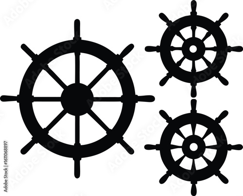 Set of Nautical Steering Wheel Silhouettes – Vintage & Modern Ship Wheel Vector Collection