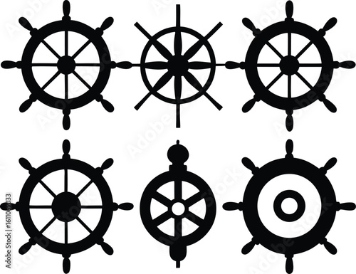 Set of Nautical Steering Wheel Silhouettes – Vintage & Modern Ship Wheel Vector Collection