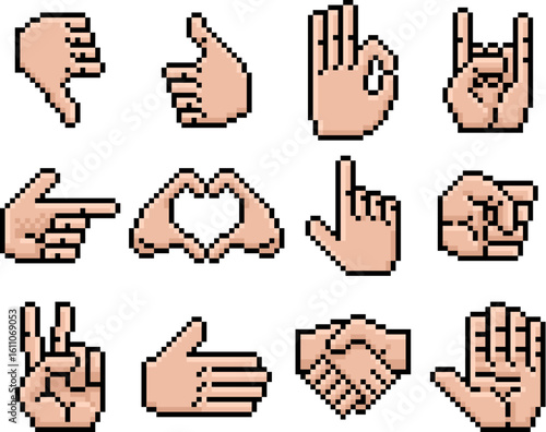 Pixel art 8 bit hand icon set. Hands in expressive gestures like peace, OK, point, rock on, and handshake. Retro vintage style, ideal for UI, games, etc.