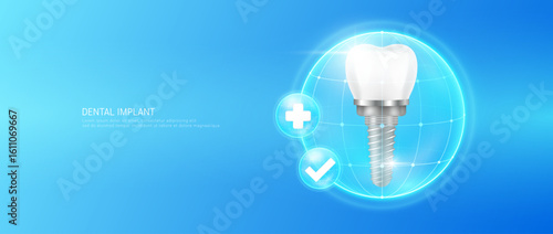 Dental implant in bubble dome transparent with check mark and plus sign on blue background. Strong and healthy tooth. Medical health care dentist or dentistry. 3D Vector EPS10.