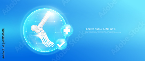 Healthy ankle bone within bubble dome transparent with check mark and plus sign on blue background. Strong foot cartilage joint anatomy. Medical health care concept. 3D Vector EPS10.