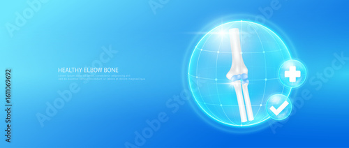 Healthy elbow bone within bubble dome transparent with check mark and plus sign on blue background. Strong arm cartilage joint anatomy. Medical health care concept. 3D Vector EPS10.