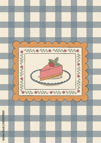 Vintage cottagecore poster with strawberry cheesecake slice on a plate. Hand drawn floral frame. Vector illustration for kitchen prints, cozy wall decor.