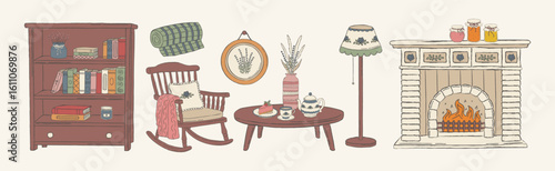 Cozy vintage cottage furniture and decor set. Fireplace, bookcase with books, rocking chair, tea table, floor lamp, blanket in hand drawn rustic style. Vector illustration.