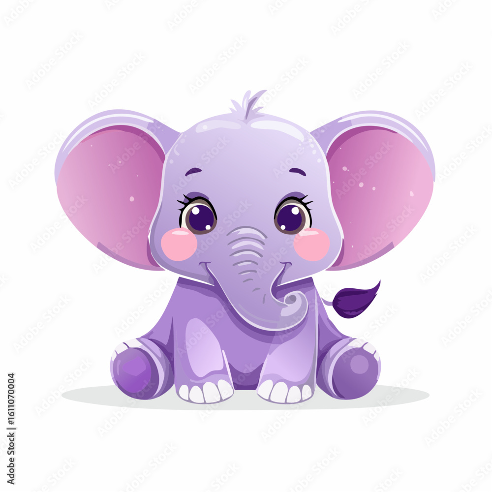 Fototapeta premium Adorable Baby Elephant: A charming cartoon illustration features a lovable baby elephant, characterized by its big, expressive eyes, prominent ears, and an inviting smile.