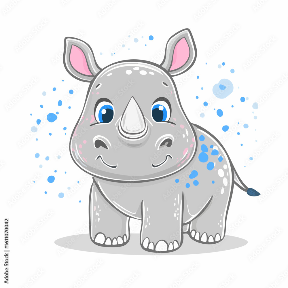 Naklejka premium Cute Rhino Illustration: A charming illustration of a delightful baby rhinoceros, full of personality with gentle eyes and playful dots. 