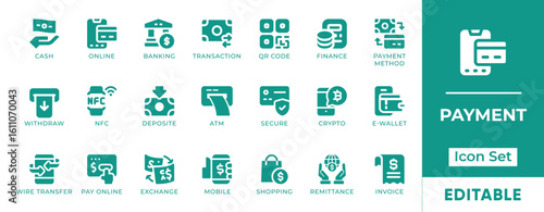Payment Icon Set. Features editable icons of money, cards, online transfers, wallets, and transactions. Perfect for fintech, e-commerce, and banking apps.