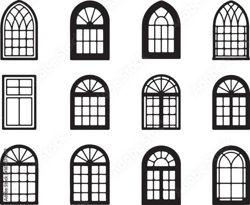 Black and White Window Designs Collection Featuring Twelve Arched and Multi-Paned Styles with Gothic and Traditional Architectural Elements