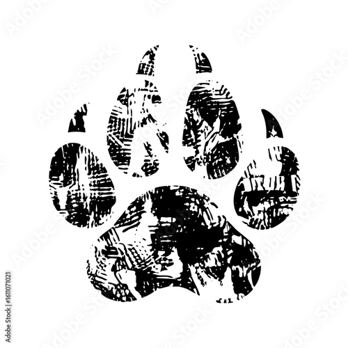 Vector Detailed black paw print with textured details.