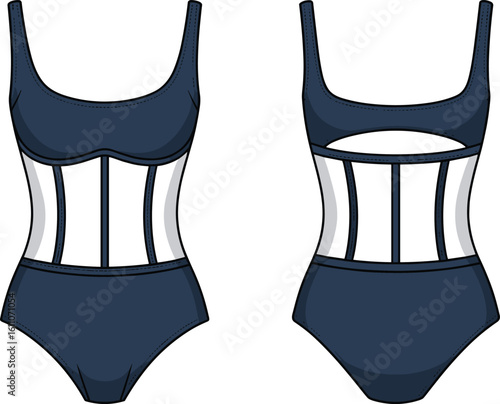 Cad drawing flat vector illustration, modern one-piece swimsuit design, fashion template, stylish swimwear, women beachwear, technical sketch for designers