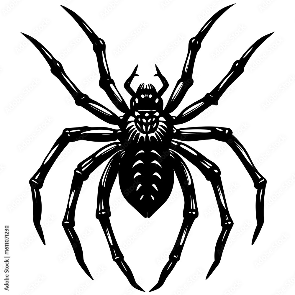 Obraz premium A large, detailed spider illustration with long legs, drawn in a flat, spooky silhouette style.